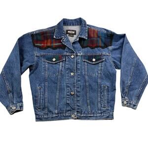 90s Vintage Jean Jacket Denim Trucker Jacket Western Plaid Wool Small